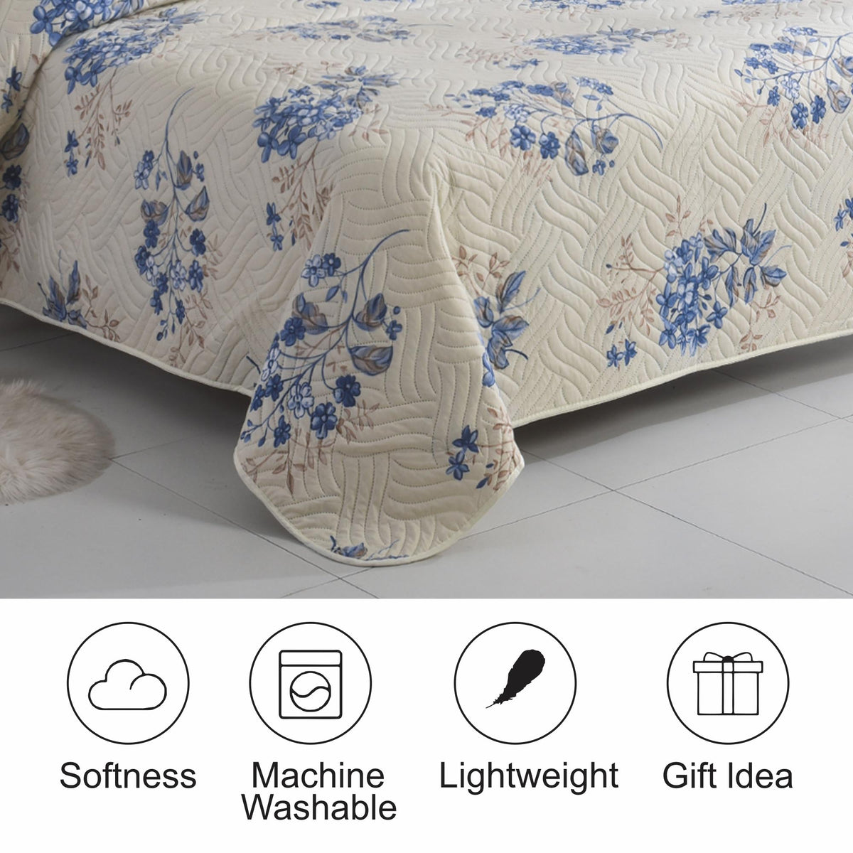 3 Piece Luxury Quilted Bedspread Set – Reversible Floral Patchwork Bedspread with Pillow Shams | Soft Microfibre Bed Throw for Double & King Size Beds