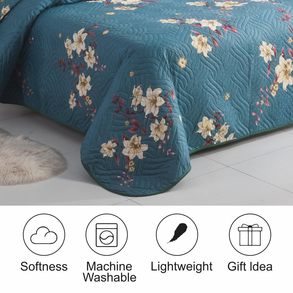 3 Piece Luxury Quilted Bedspread Set – Reversible Floral Patchwork Bedspread with Pillow Shams | Soft Microfibre Bed Throw for Double & King Size Beds