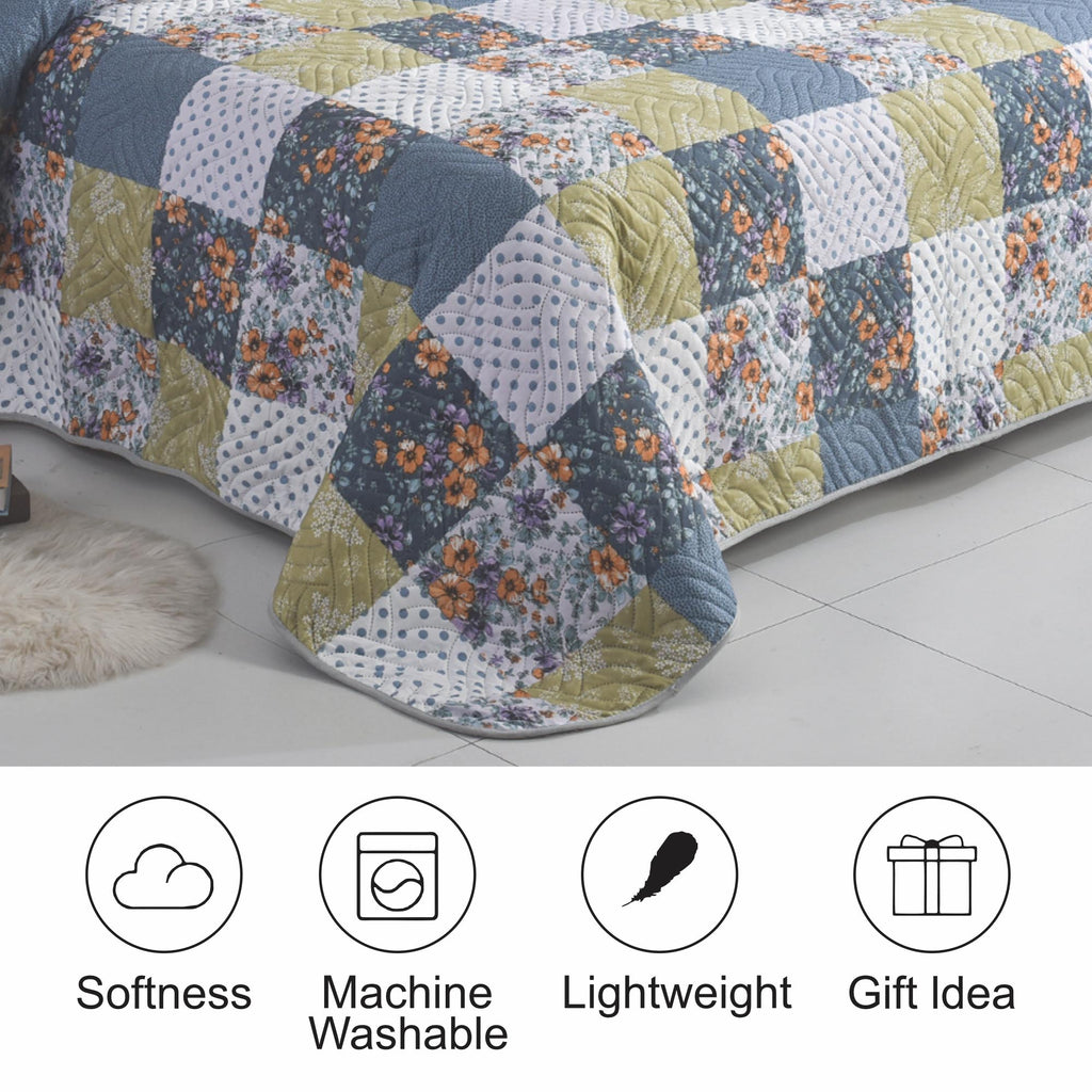 3 Piece Luxury Quilted Bedspread Set – Reversible Floral Patchwork Bedspread with Pillow Shams | Soft Microfibre Bed Throw for Double & King Size Beds