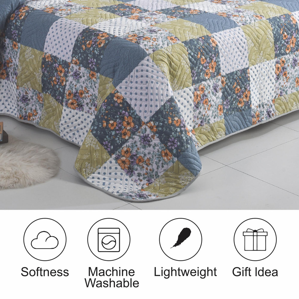 3 Piece Luxury Quilted Bedspread Set – Reversible Floral Patchwork Bedspread with Pillow Shams | Soft Microfibre Bed Throw for Double & King Size Beds