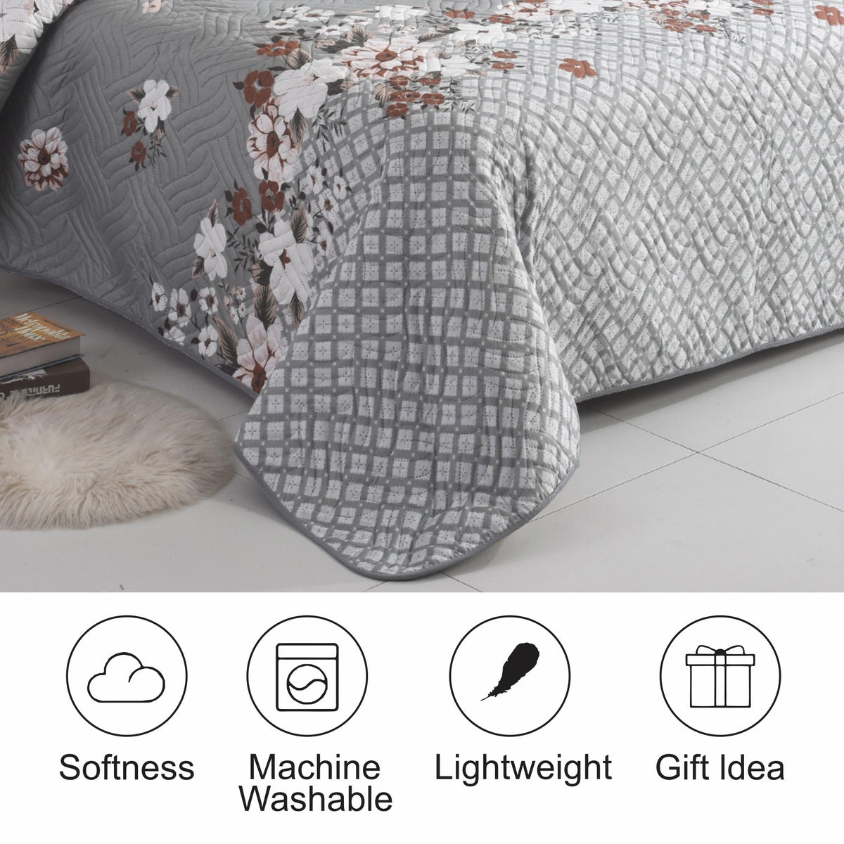 3 Piece Luxury Quilted Bedspread Set – Reversible Floral Patchwork Bedspread with Pillow Shams | Soft Microfibre Bed Throw for Double & King Size Beds