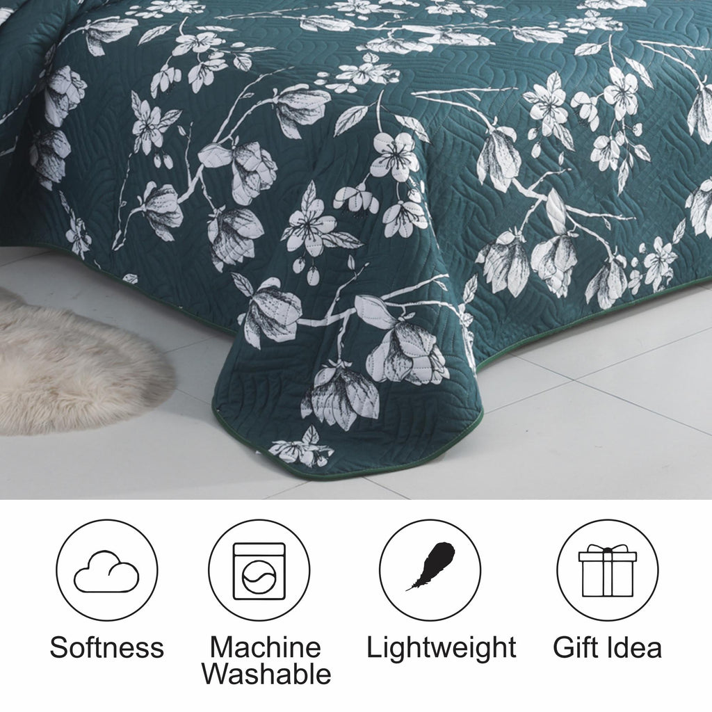 3 Piece Luxury Quilted Bedspread Set – Reversible Floral Patchwork Bedspread with Pillow Shams | Soft Microfibre Bed Throw for Double & King Size Beds