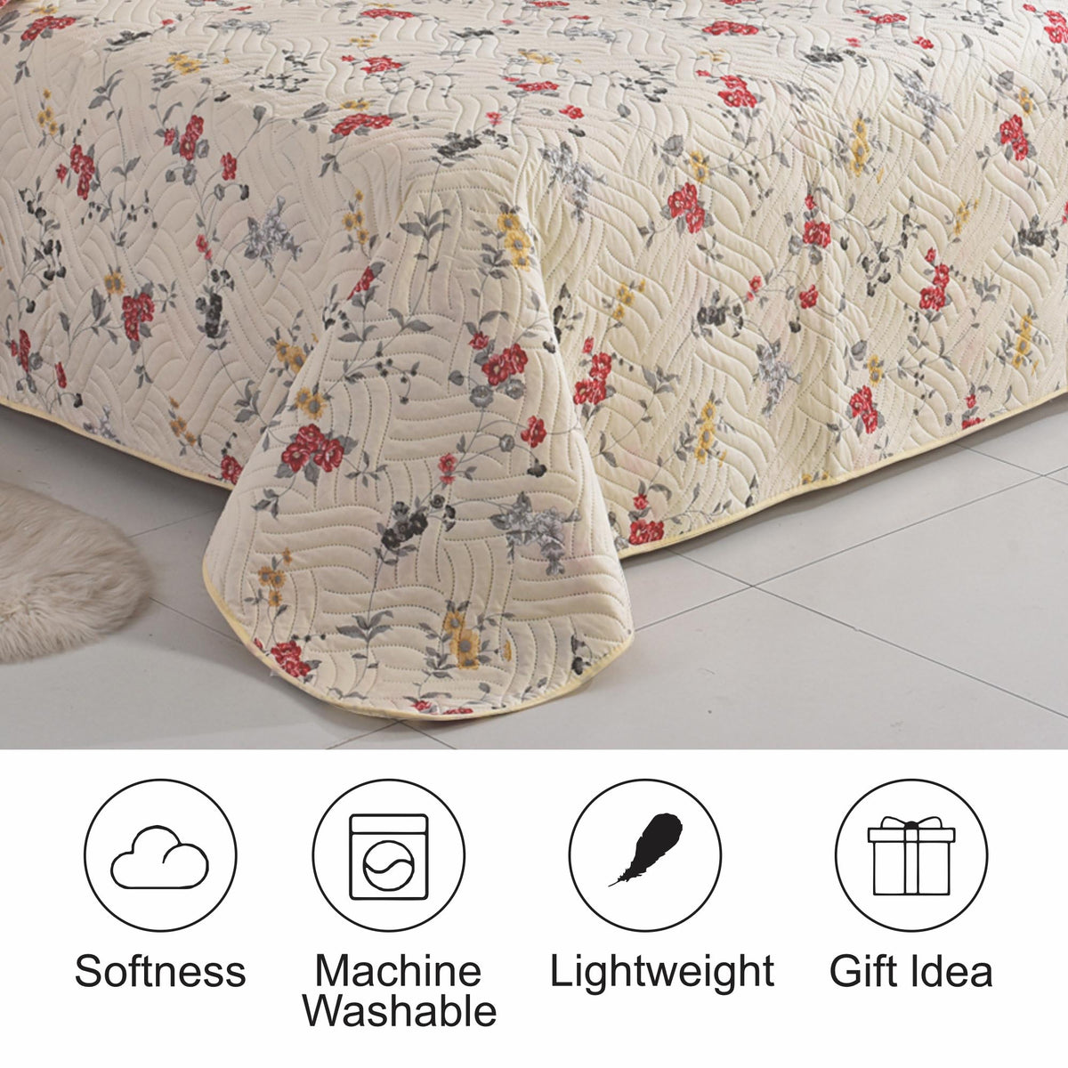 3 Piece Luxury Quilted Bedspread Set – Reversible Floral Patchwork Bedspread with Pillow Shams | Soft Microfibre Bed Throw for Double & King Size Beds