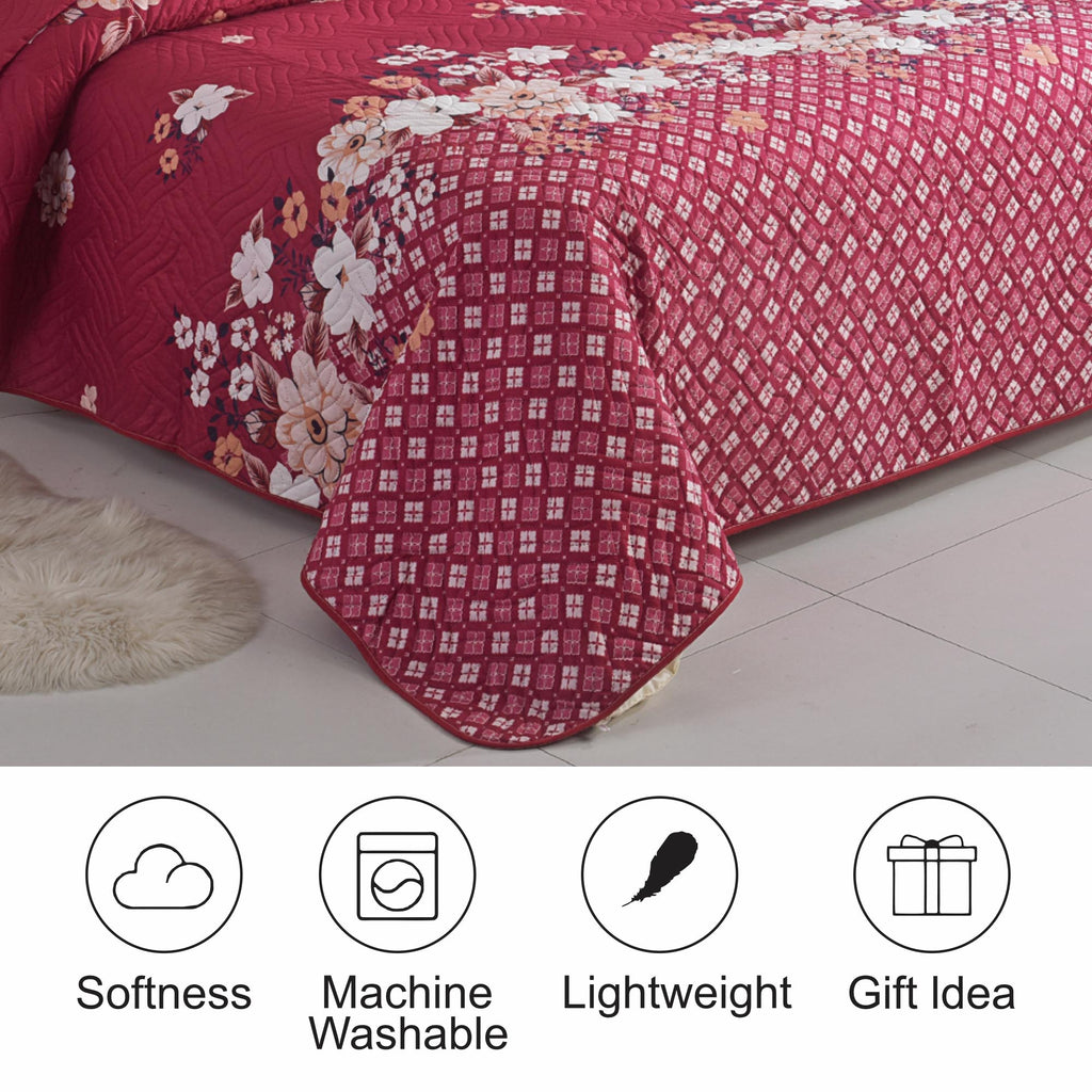 3 Piece Luxury Quilted Bedspread Set – Reversible Floral Patchwork Bedspread with Pillow Shams | Soft Microfibre Bed Throw for Double & King Size Beds