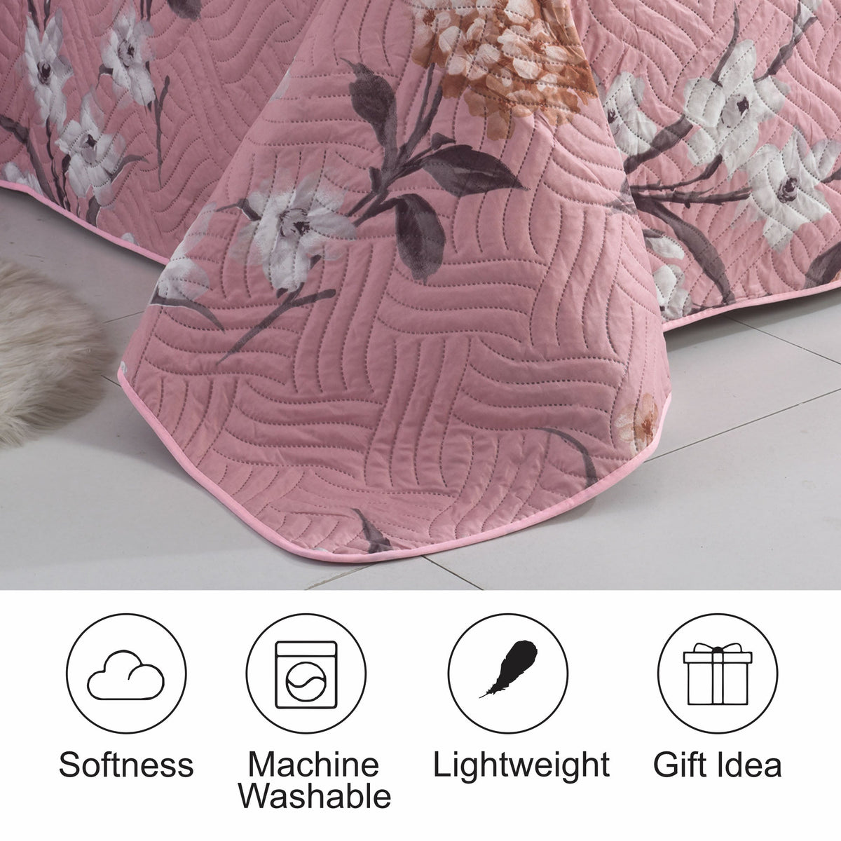 3 Piece Luxury Quilted Bedspread Set – Reversible Floral Patchwork Bedspread with Pillow Shams | Soft Microfibre Bed Throw for Double & King Size Beds