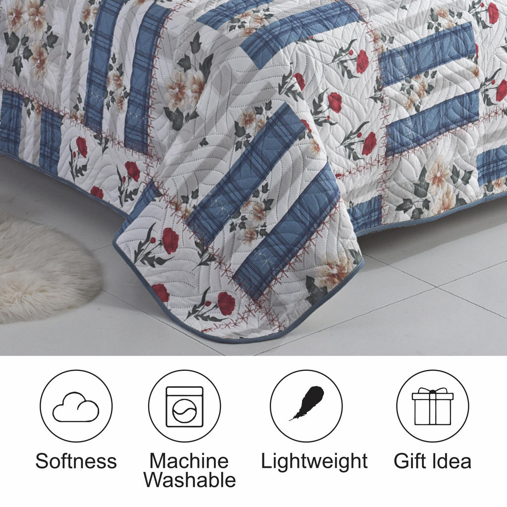 3 Piece Luxury Quilted Bedspread Set – Reversible Floral Patchwork Bedspread with Pillow Shams | Soft Microfibre Bed Throw for Double & King Size Beds