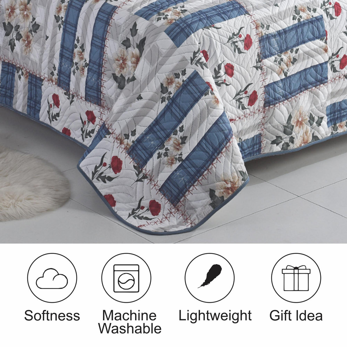 3 Piece Luxury Quilted Bedspread Set – Reversible Floral Patchwork Bedspread with Pillow Shams | Soft Microfibre Bed Throw for Double & King Size Beds