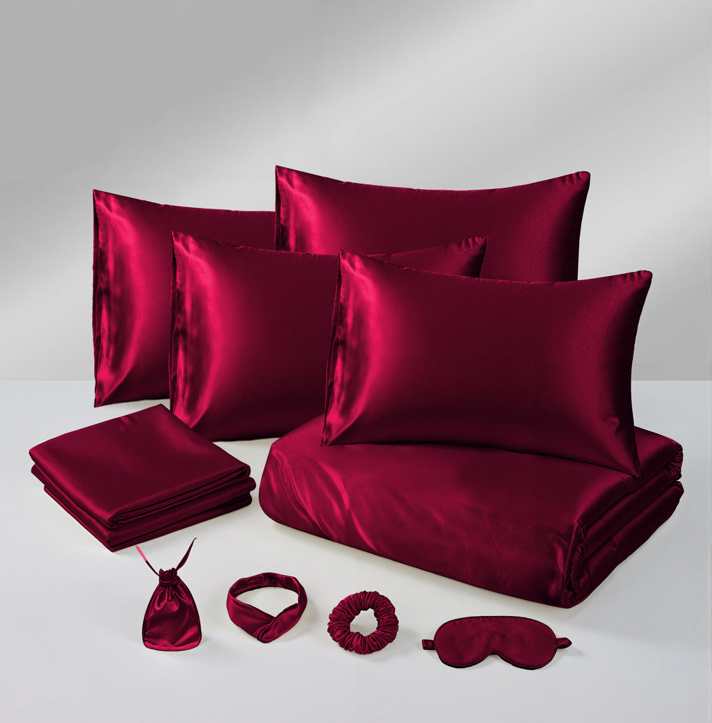 Hadi London Luxury 10 Piece Satin Bedding Set – Silky Duvet Cover, Sheet, Pillowcases & Beauty Sleep Accessories