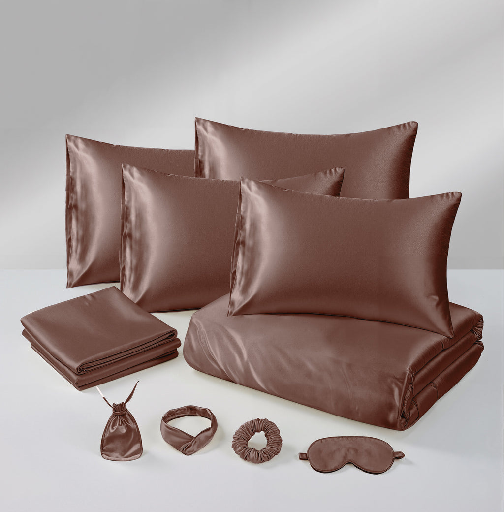 Hadi London Luxury 10 Piece Satin Bedding Set – Silky Duvet Cover, Sheet, Pillowcases & Beauty Sleep Accessories