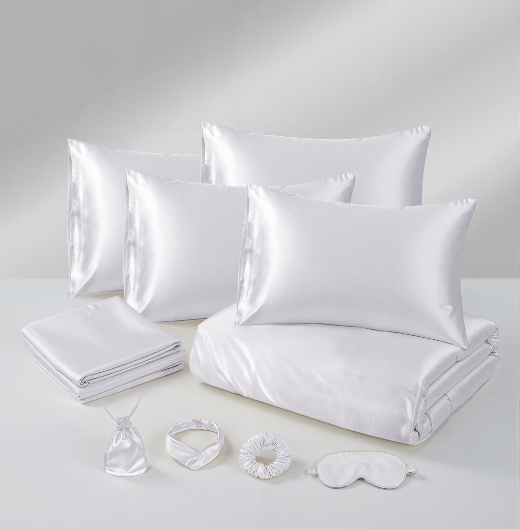Hadi London Luxury 10 Piece Satin Bedding Set – Silky Duvet Cover, Sheet, Pillowcases & Beauty Sleep Accessories
