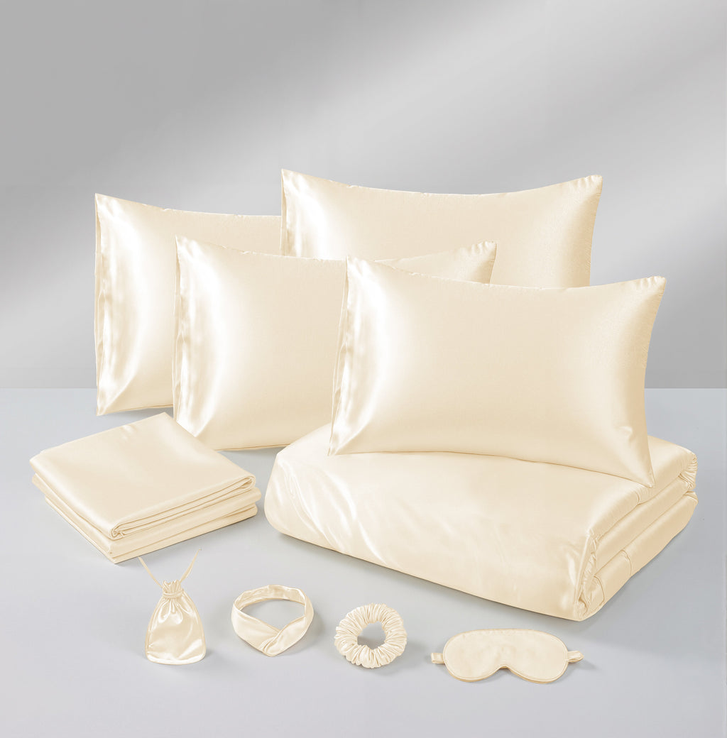 Hadi London Luxury 10 Piece Satin Bedding Set – Silky Duvet Cover, Sheet, Pillowcases & Beauty Sleep Accessories