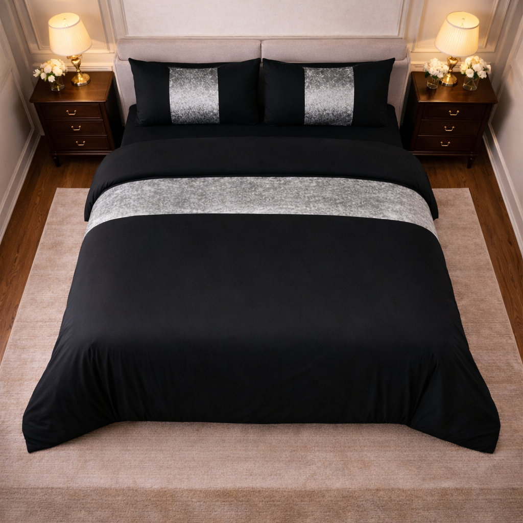 Hadi London Crushed Velvet Panel Duvet Cover Set – Luxury Soft Bedding with Matching Pillowcases