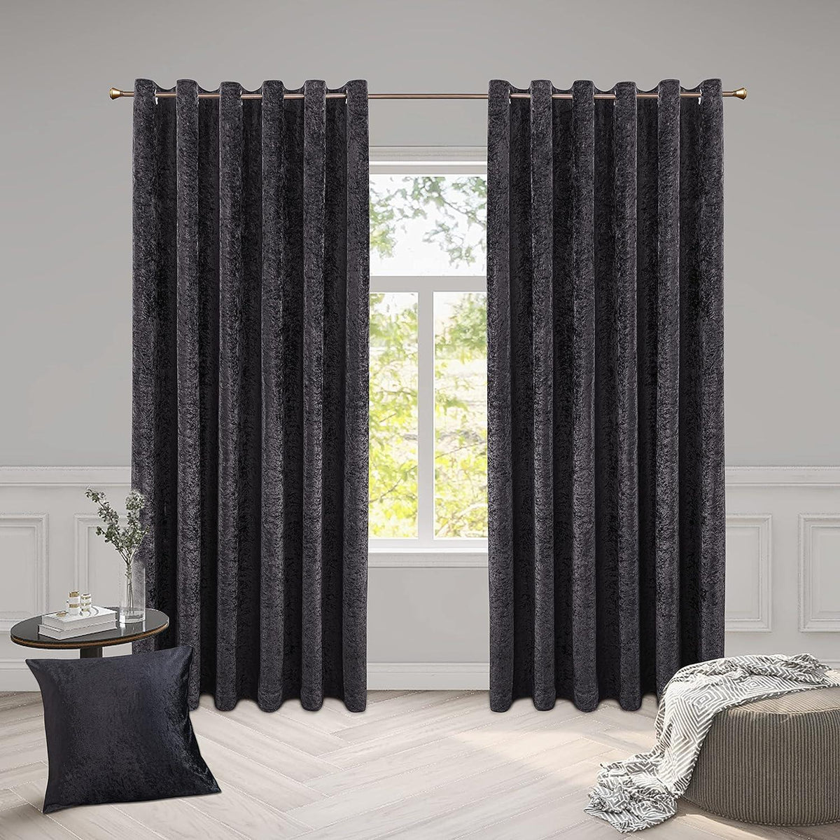 Luxury Crushed Velvet Eyelet Curtains Pair | Thermal Textured Window Curtains for Living Room & Bedroom
