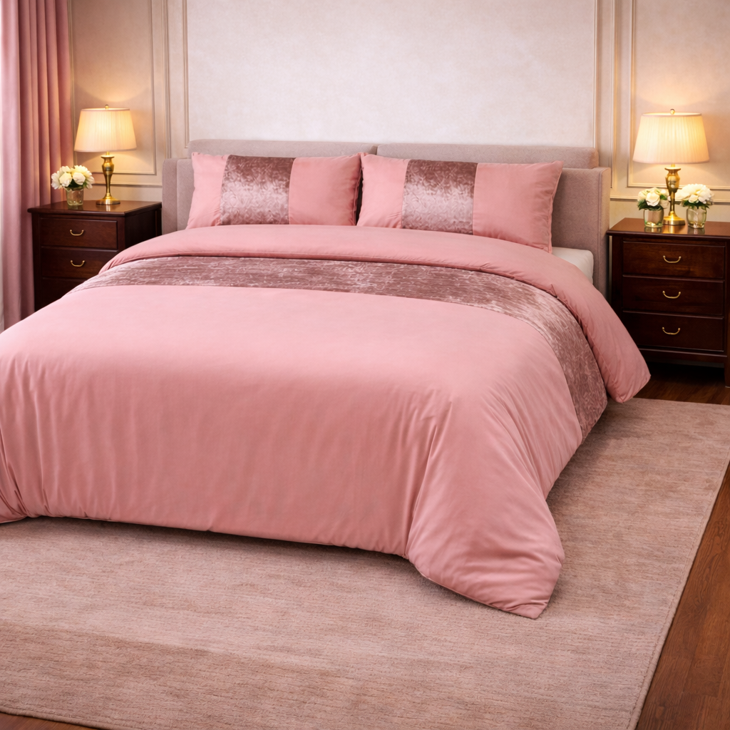 Hadi London Crushed Velvet Panel Duvet Cover Set – Luxury Soft Bedding with Matching Pillowcases