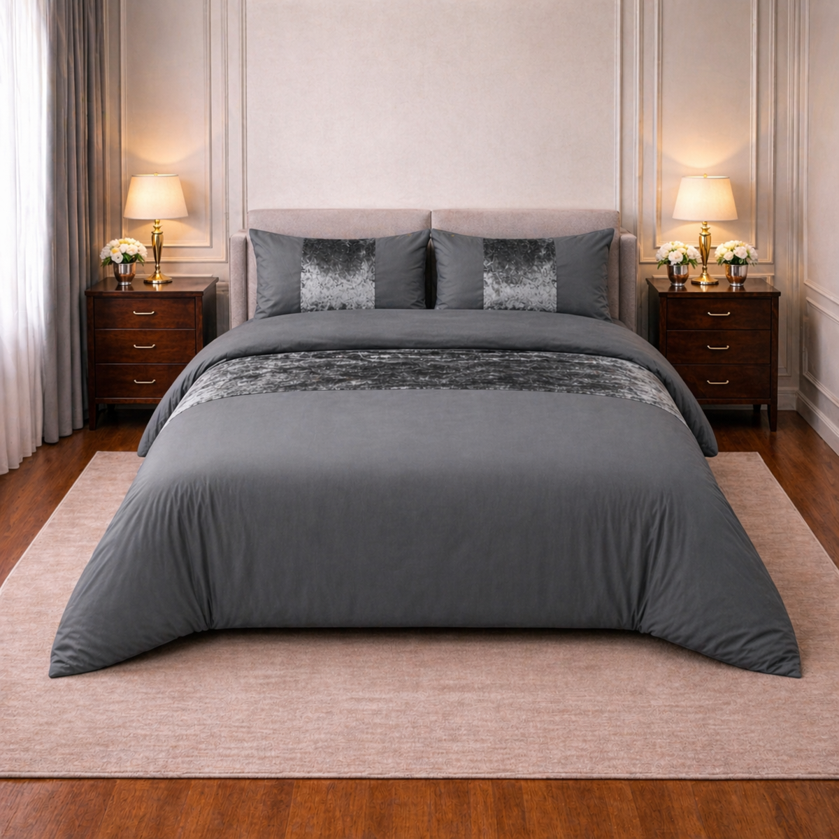 Hadi London Crushed Velvet Panel Duvet Cover Set – Luxury Soft Bedding with Matching Pillowcases