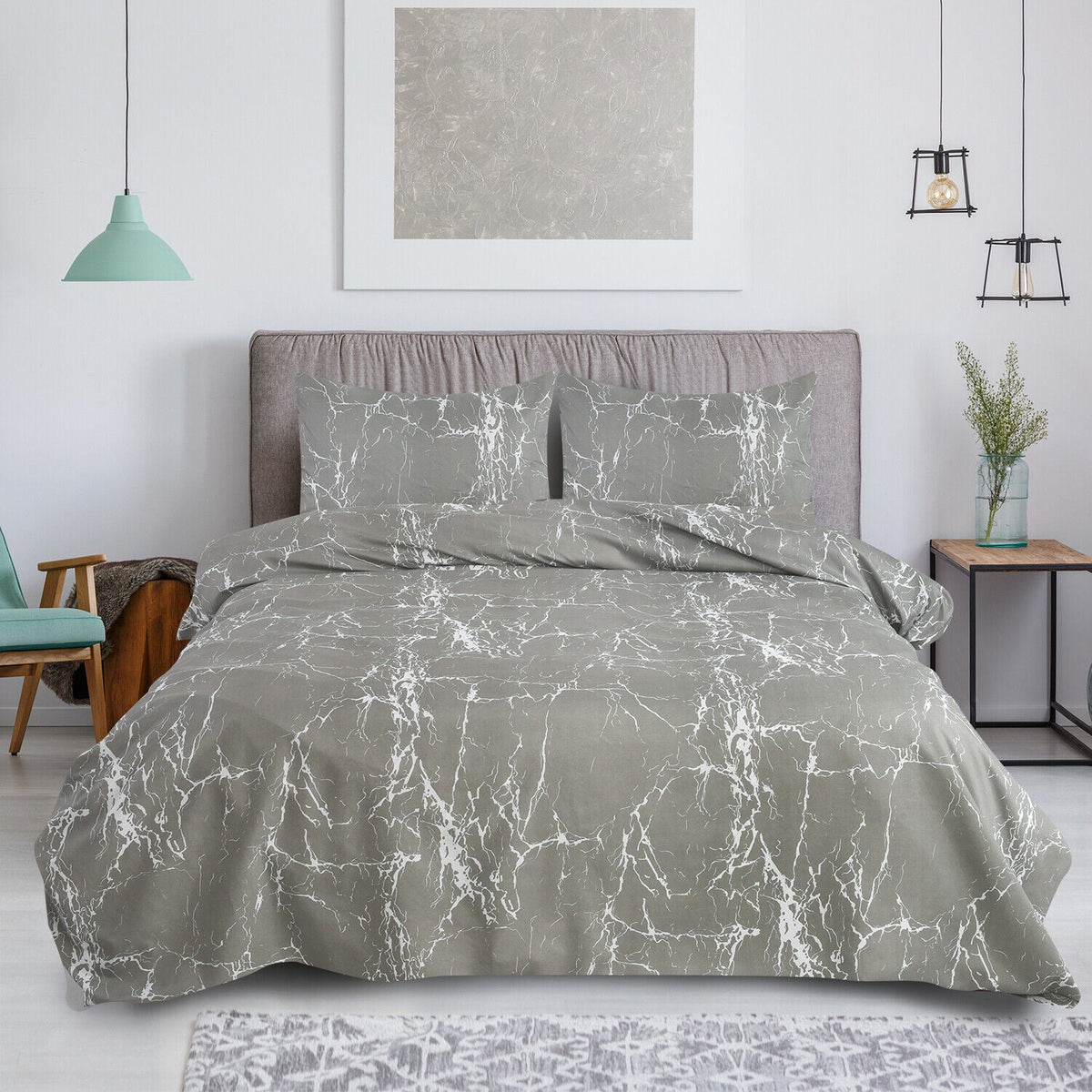 Hadi London Obsidian Marble 4 Piece Microfibre Bedding Set – Duvet Cover, Fitted Sheet & Pillowcases