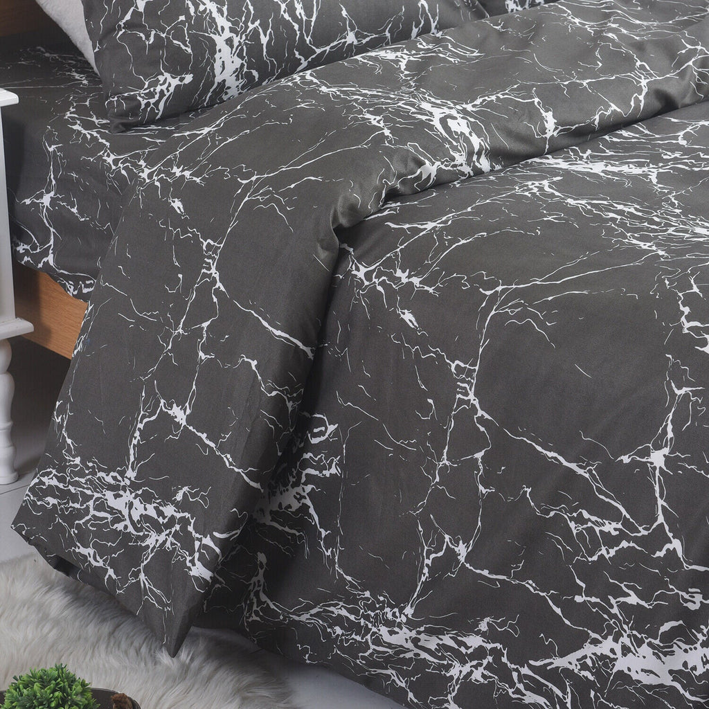 Hadi London Obsidian Marble 4 Piece Microfibre Bedding Set – Duvet Cover, Fitted Sheet & Pillowcases