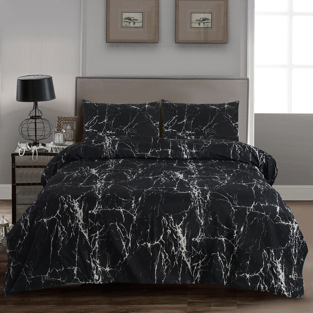 Hadi London Obsidian Marble 4 Piece Microfibre Bedding Set – Duvet Cover, Fitted Sheet & Pillowcases