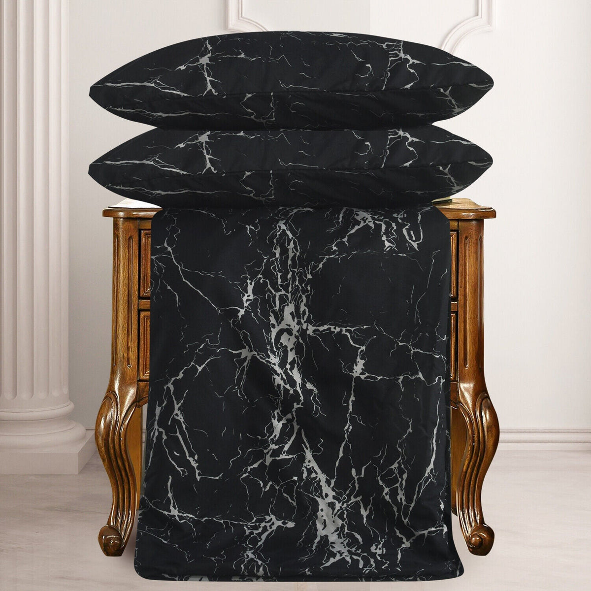 Hadi London Obsidian Marble 4 Piece Microfibre Bedding Set – Duvet Cover, Fitted Sheet & Pillowcases