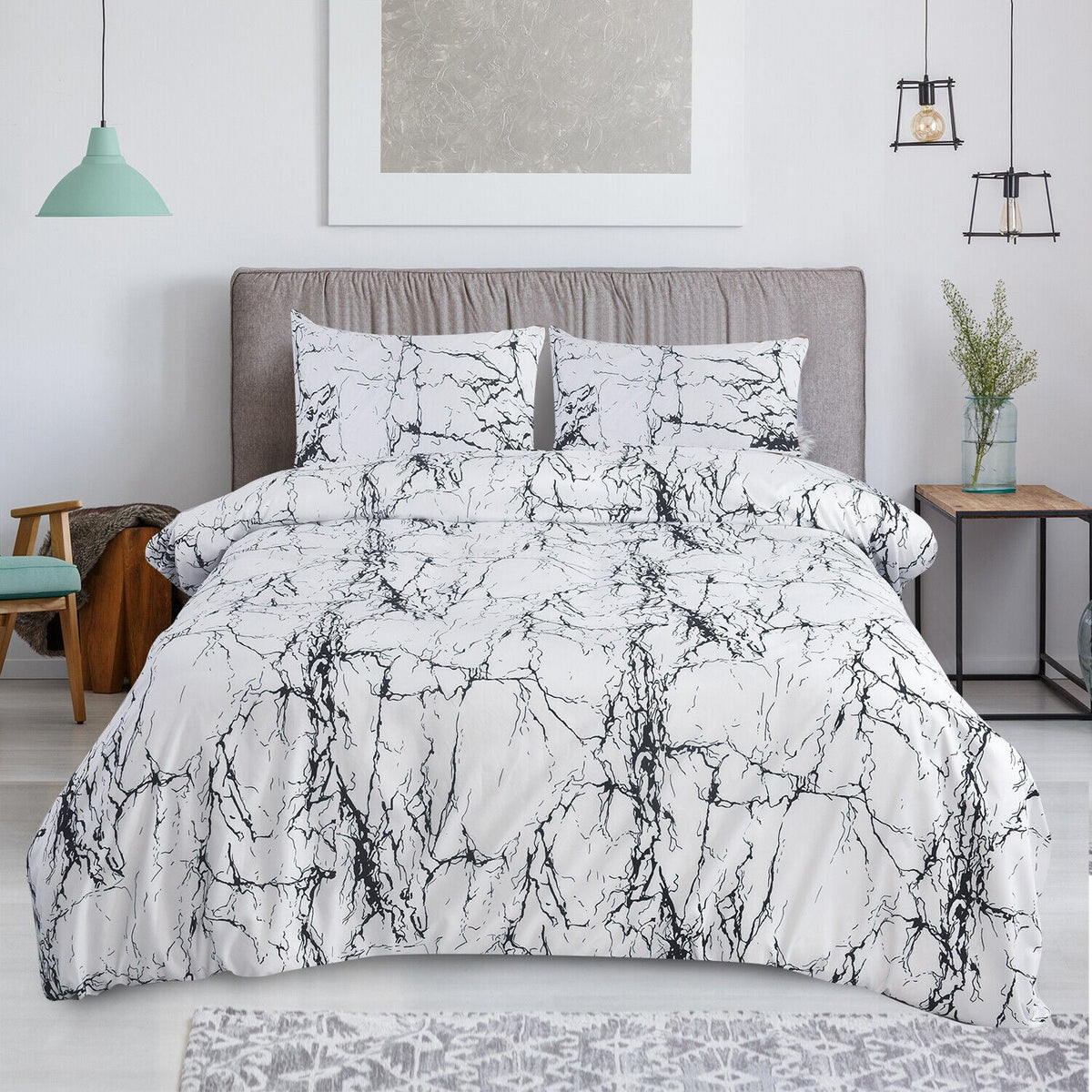 Hadi London Obsidian Marble 4 Piece Microfibre Bedding Set – Duvet Cover, Fitted Sheet & Pillowcases