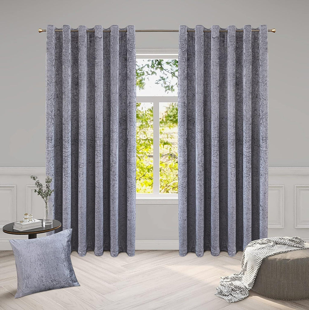 Luxury Crushed Velvet Eyelet Curtains Pair | Thermal Textured Window Curtains for Living Room & Bedroom