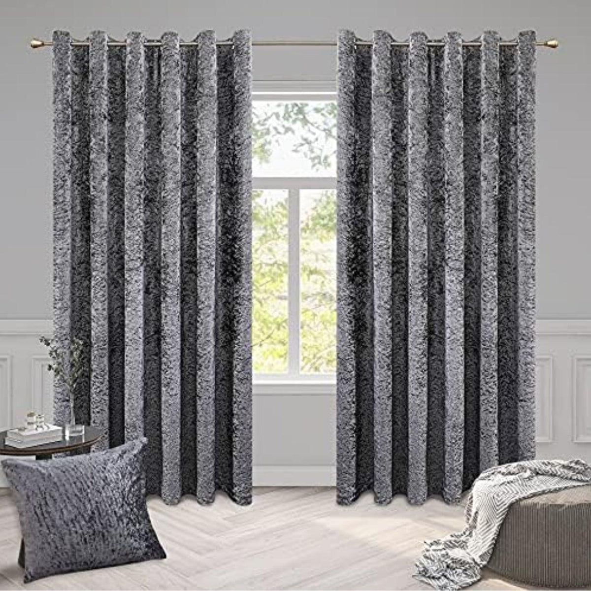 Luxury Crushed Velvet Eyelet Curtains Pair | Thermal Textured Window Curtains for Living Room & Bedroom