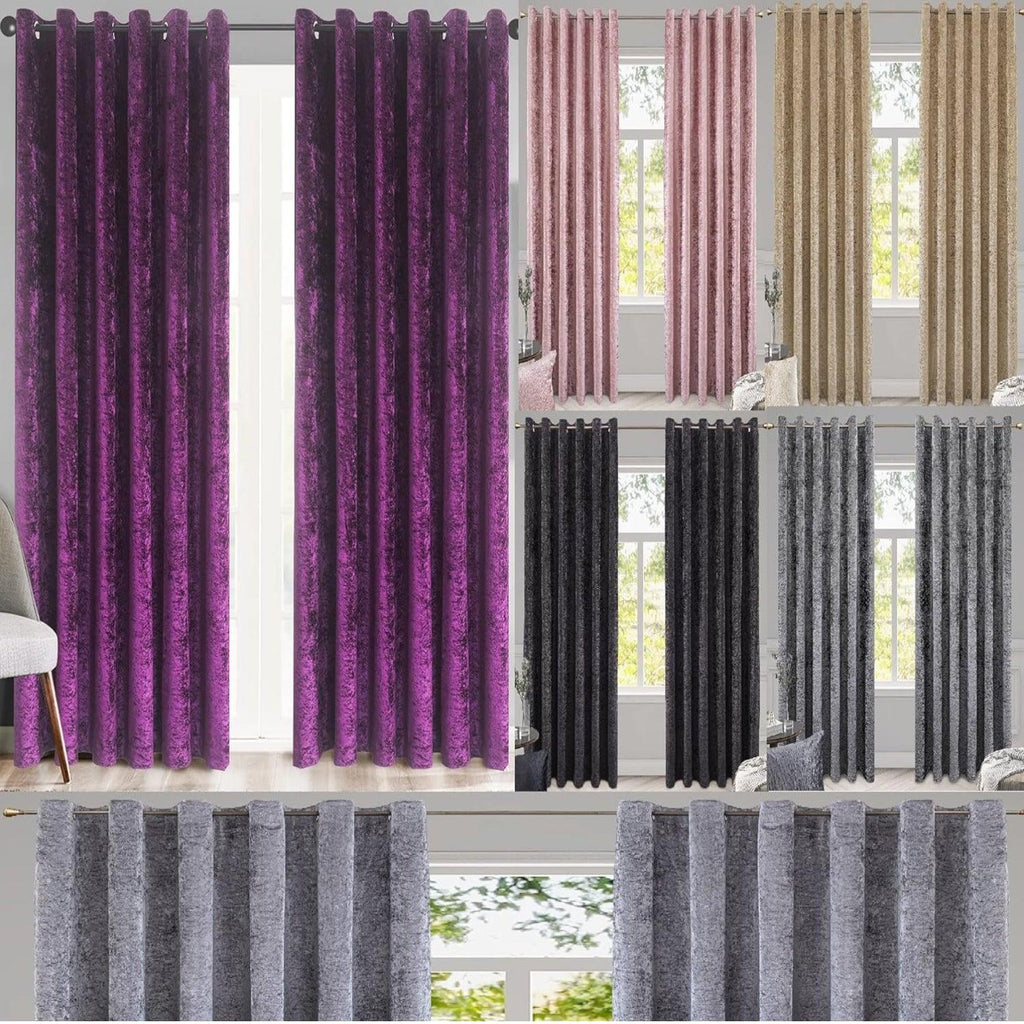 Luxury Crushed Velvet Eyelet Curtains Pair | Thermal Textured Window Curtains for Living Room & Bedroom