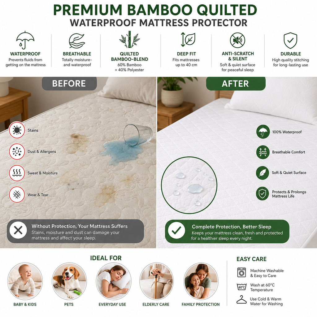 HADI LONDON Quilted Bamboo Waterproof Mattress Protector – 40cm Deep Fitted, Breathable & Silent | Single Double King Super King