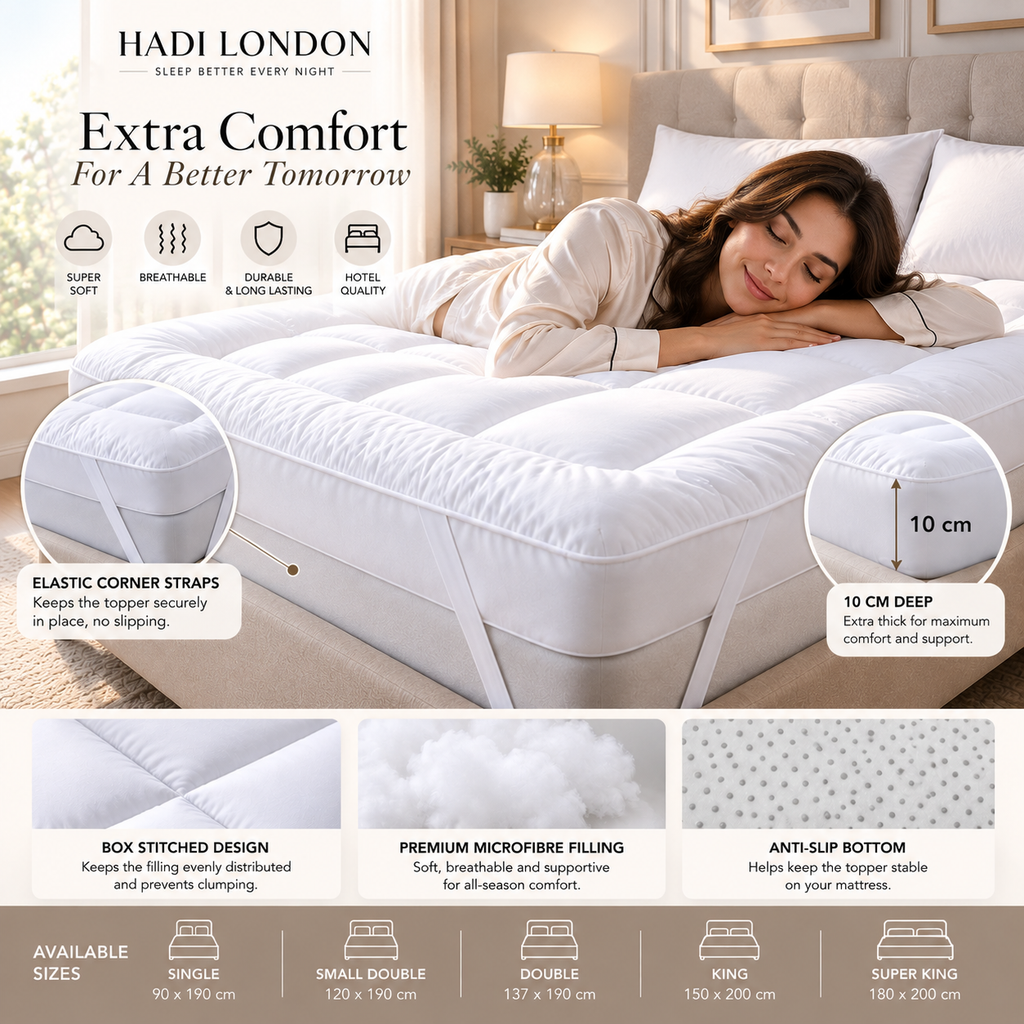 Hadi London Extra Thick 10cm Mattress Topper – Luxury Hollowfibre Soft Bed Topper | Single Double King Super King