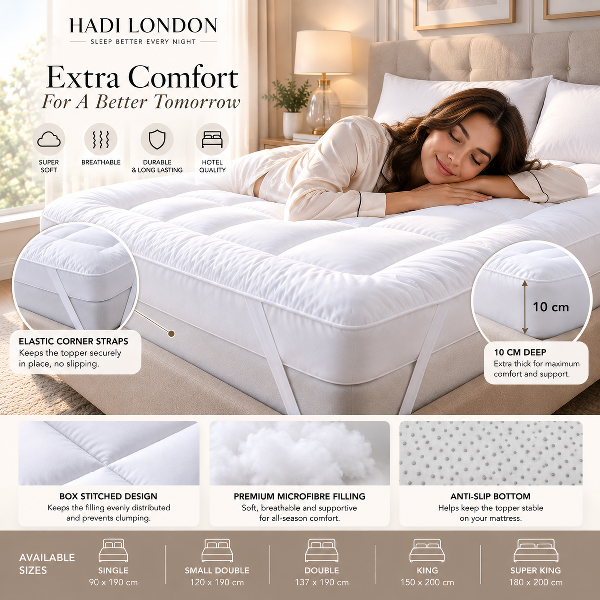 Hadi London Extra Thick 10cm Mattress Topper – Luxury Hollowfibre Soft Bed Topper | Single Double King Super King