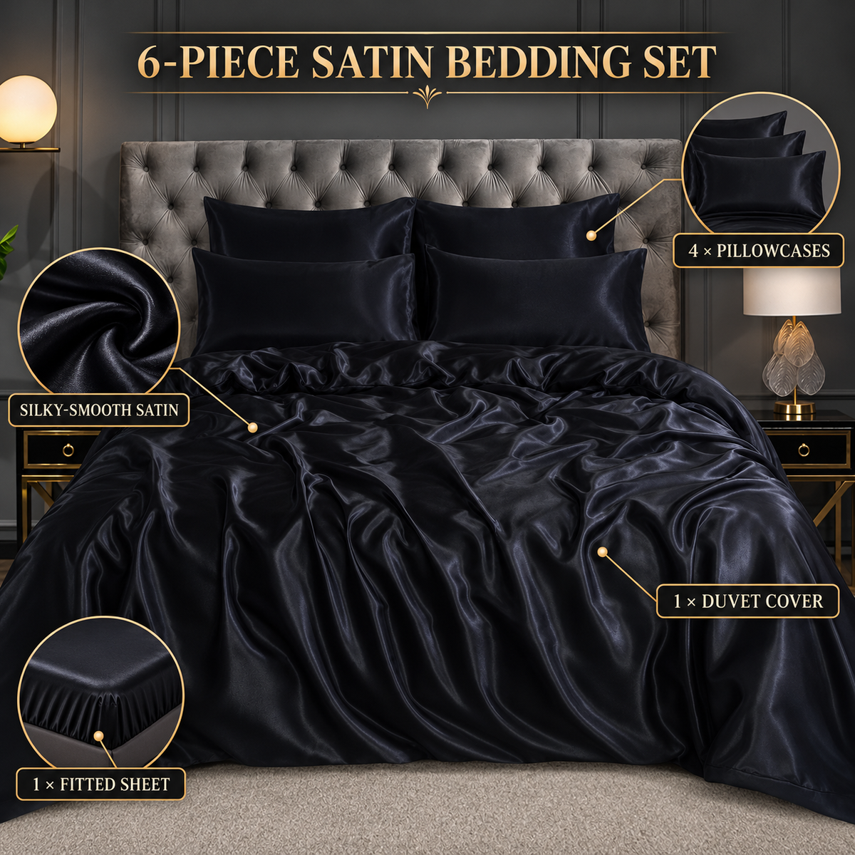 HADI LONDON Luxury Satin Bedding Set 4/6 Piece – Duvet Cover, Fitted Sheet & Pillowcases | Single Double King Super King