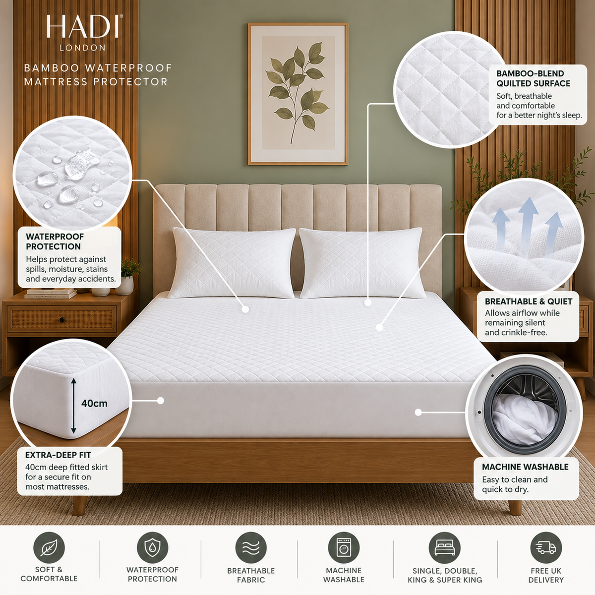 HADI LONDON Quilted Bamboo Waterproof Mattress Protector – 40cm Deep Fitted, Breathable & Silent | Single Double King Super King
